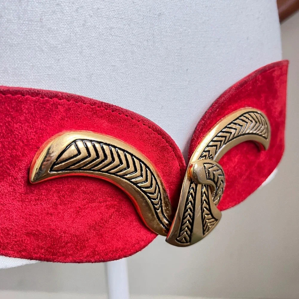 Vintage 80s Statement Belt Red Suede Leather Gold Ornate Buckle Wide Thick Big